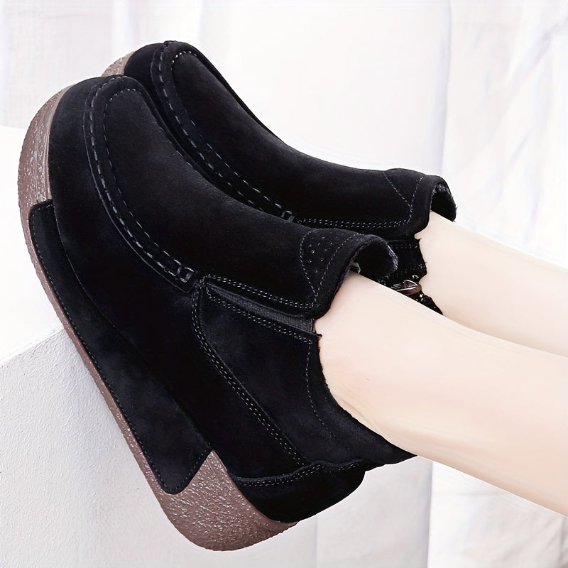 Women's Fleece-Lined Faux Leather Ankle Boots Brown Platform Winter