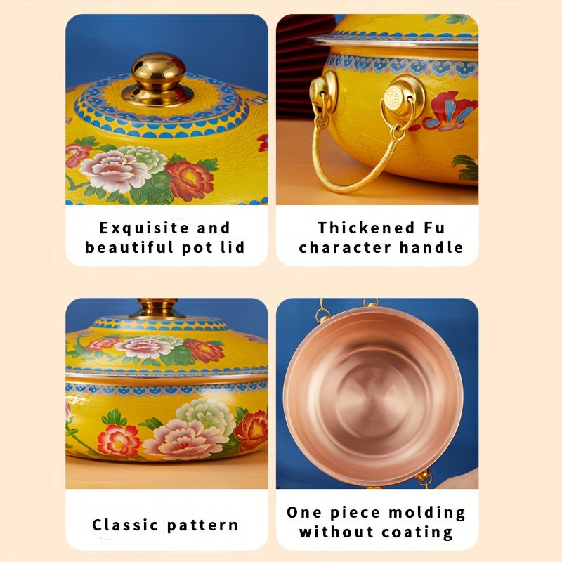 Electric Magnetic Stove Hot Pot 30cm Pure Copper Enamel Blue Red Flower Suitable for 2-3 People
