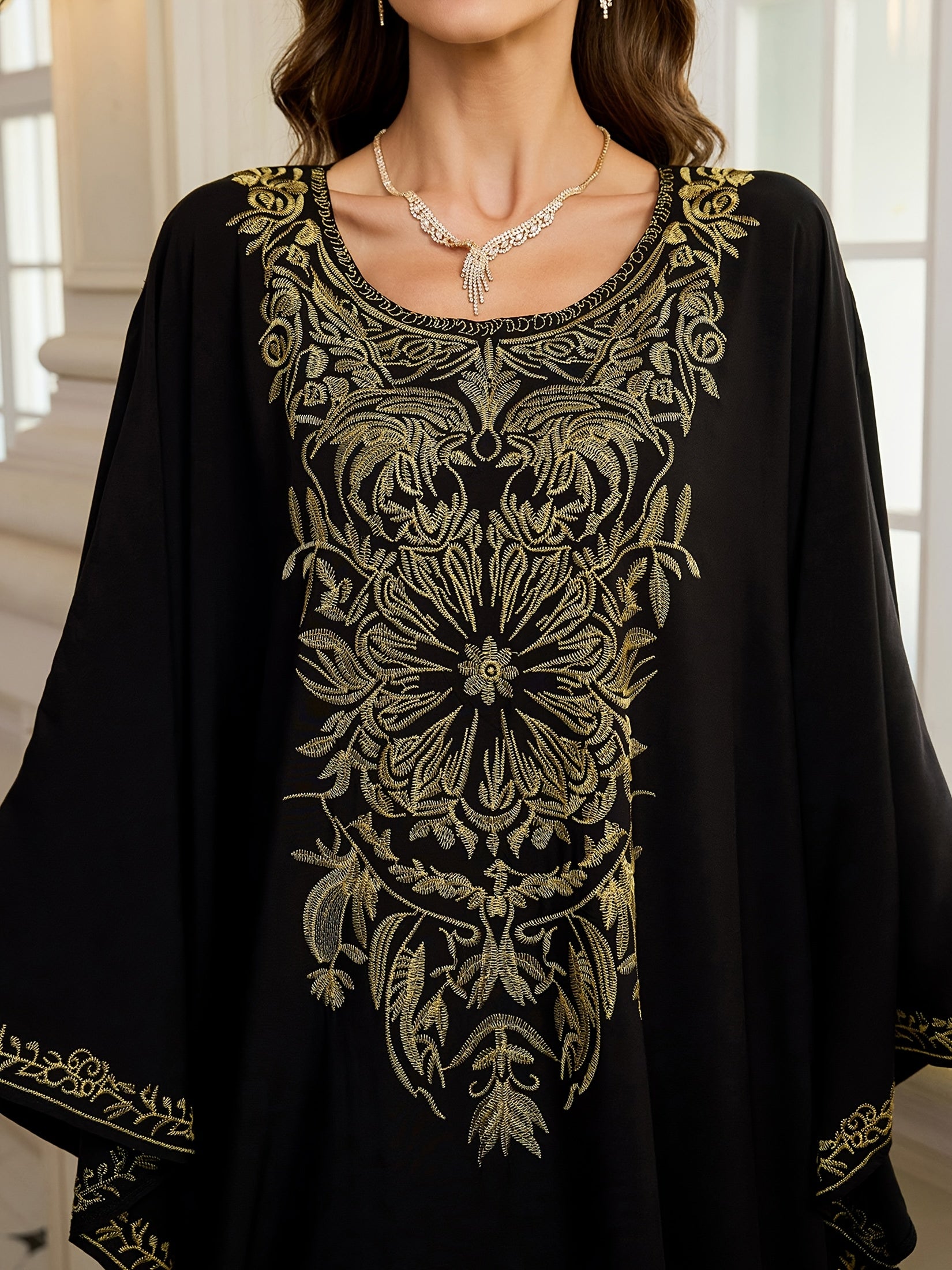 Women's Plus Size Floral Embroidered Kaftan Cover-Up Dress Black Loose Fit Batwing Sleeves
