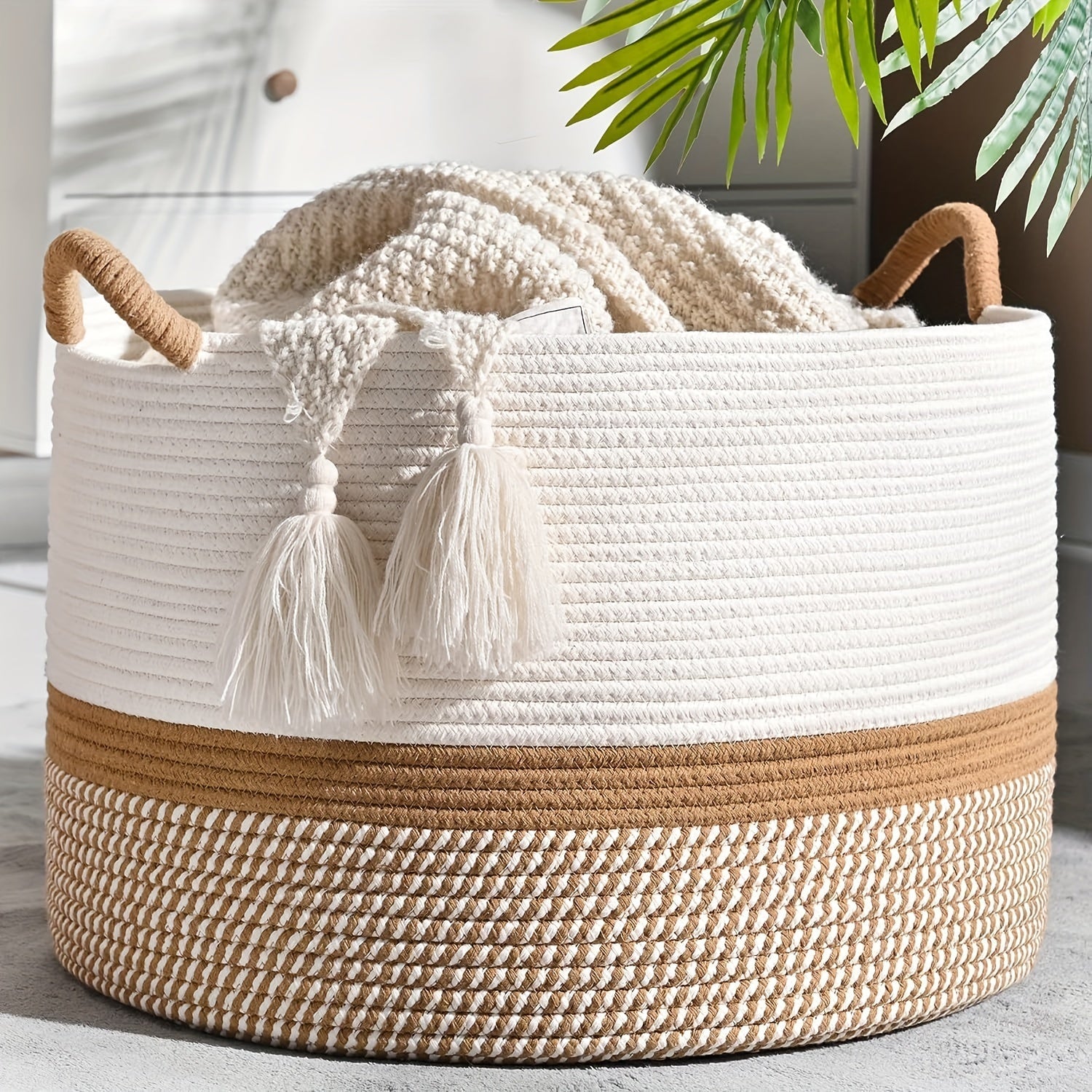 Round Bohemian Woven Laundry Basket with Handles for Bathroom and Living Room Storage