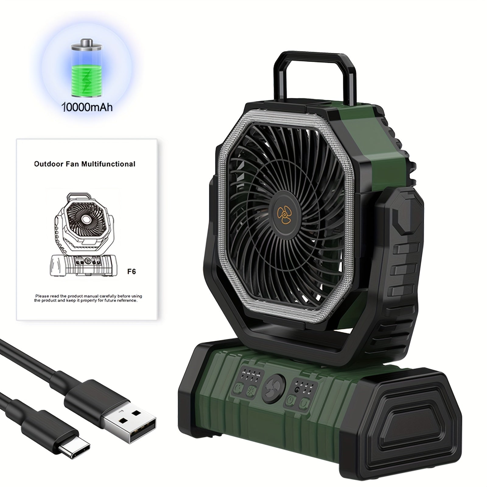 Portable Camping Fan with Wall Mount, Rechargeable USB Battery, Strong Wind