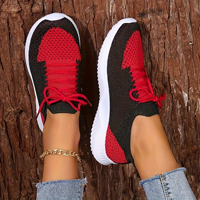 Women's Breathable Knit Sneakers Lightweight Non-Slip Casual Black Red