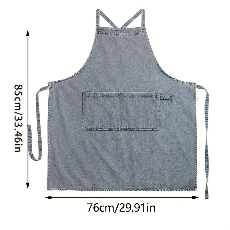 Blue Denim Apron with Pockets, Stain-Resistant, Adjustable Ties for Kitchen or Work