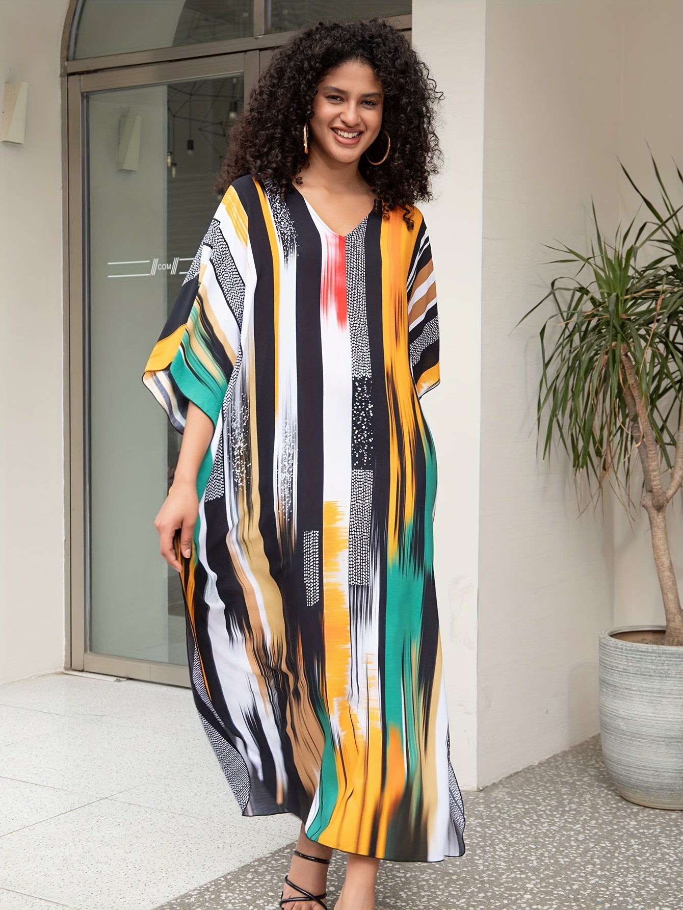 Plus Size Colorful Striped Boho Cover Up Dress V-Neck Woven Viscose