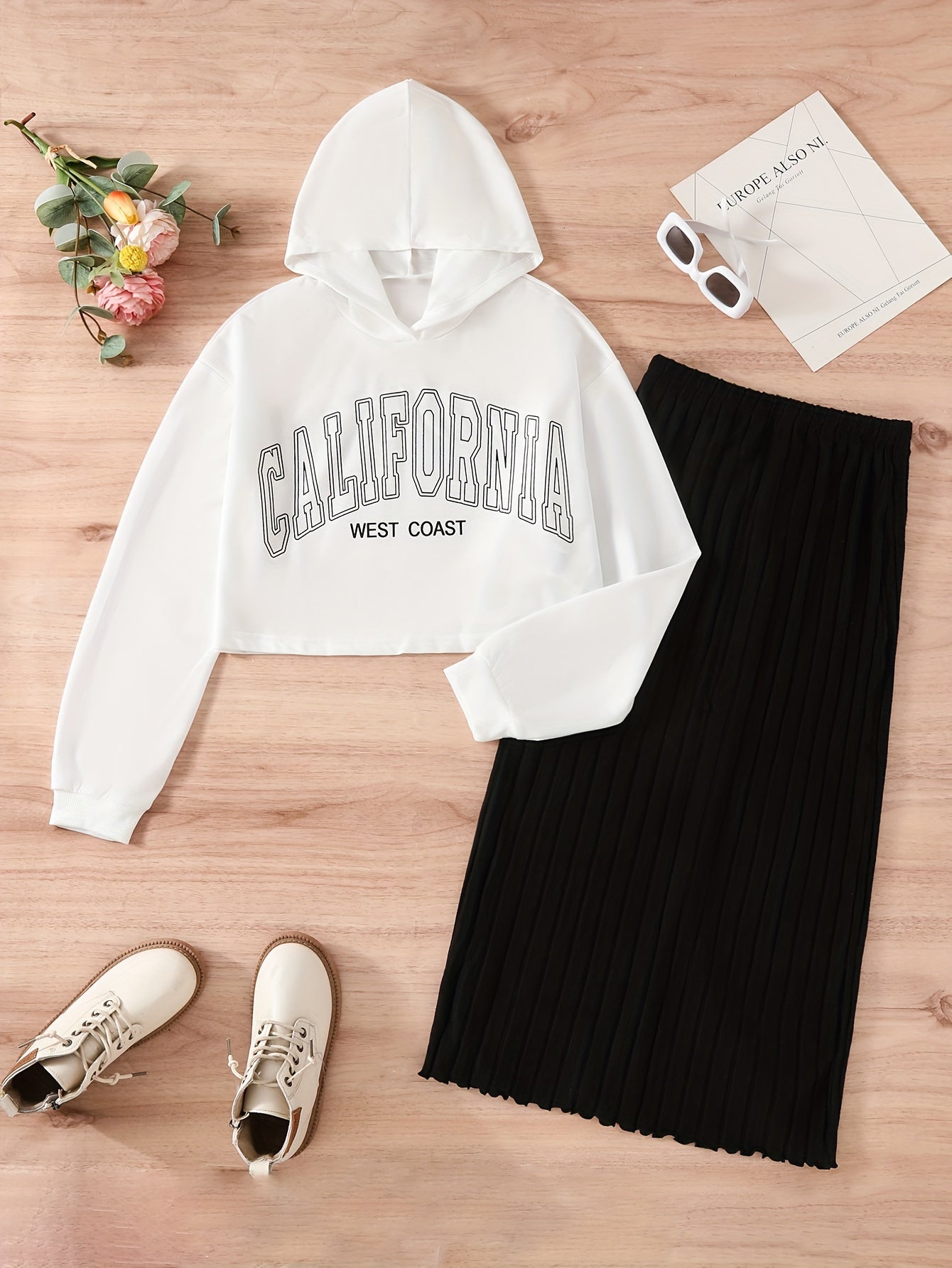 Teen Girls Fall Winter Knit Skirt and Coat Set with Geometric Pattern