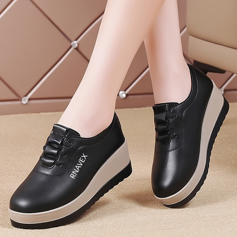 Women's Beige Faux Leather Casual Sneakers with Thick Soles and Chunky Heels