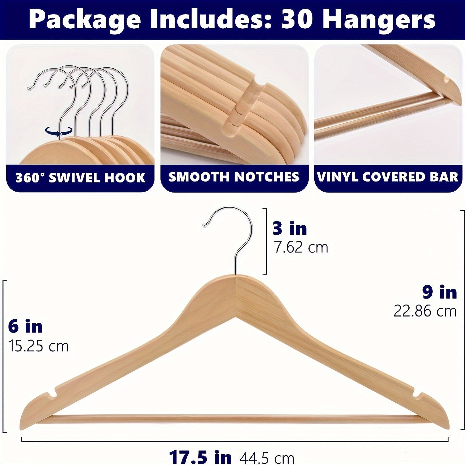 Set of 20 Non-Slip Wooden Clothes Hangers with Grooves for Wardrobes and Storage