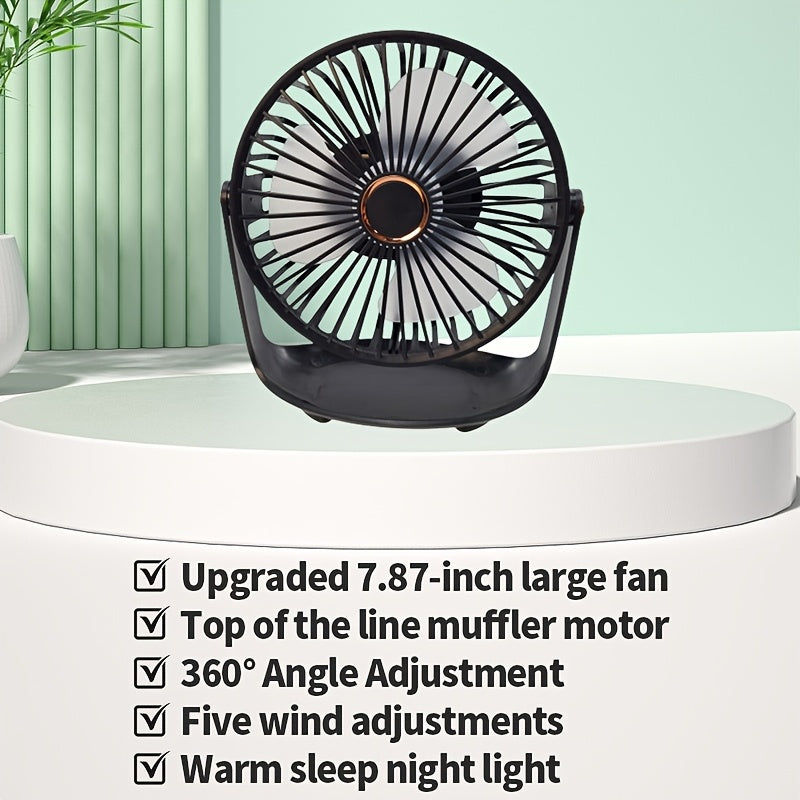 Mini Portable Table Fan with 5 Speeds, Night Light, USB Rechargeable