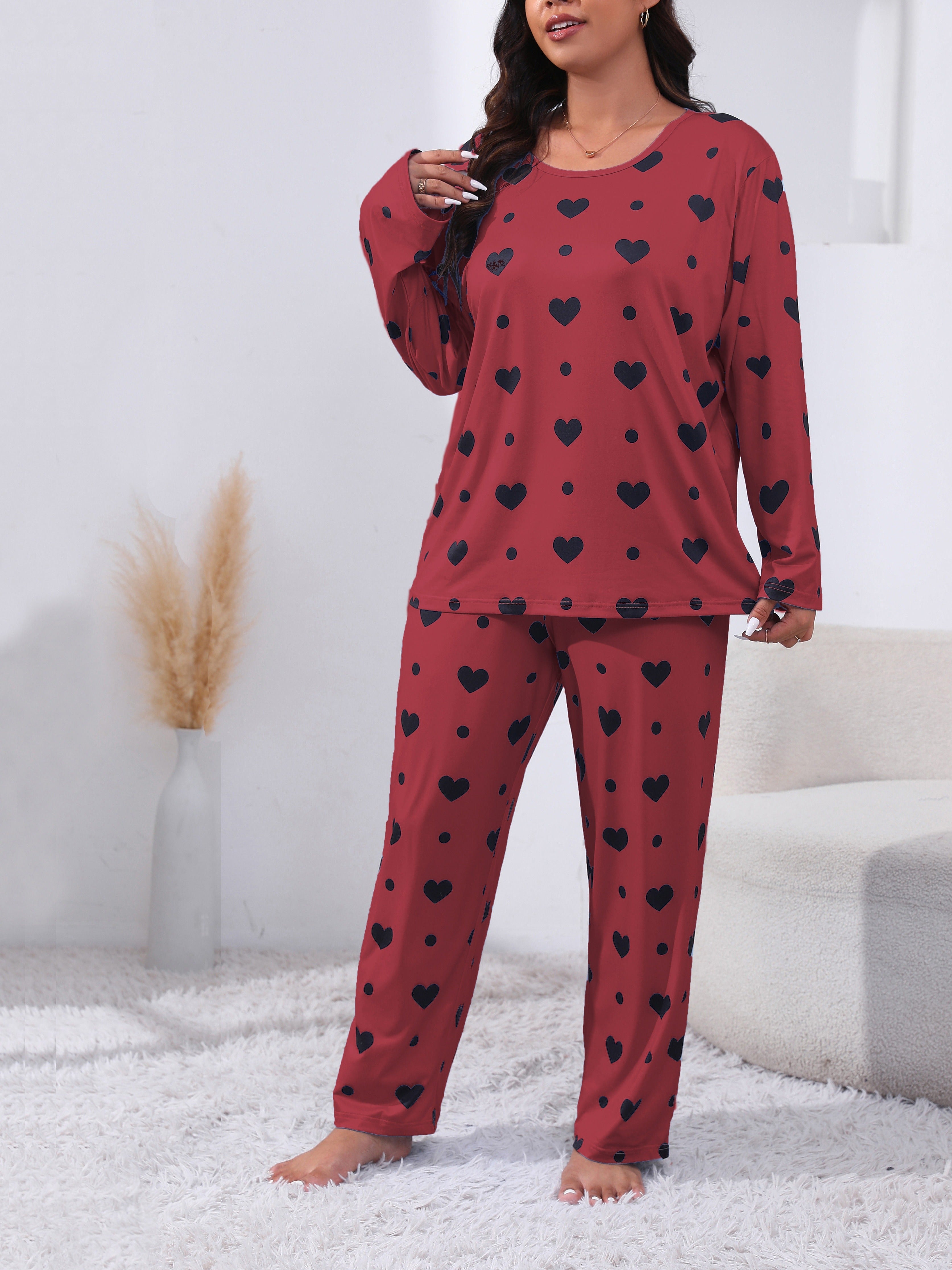 Plus Size Women's Pajama Set Long Sleeve Heart Print Lounge Two Piece