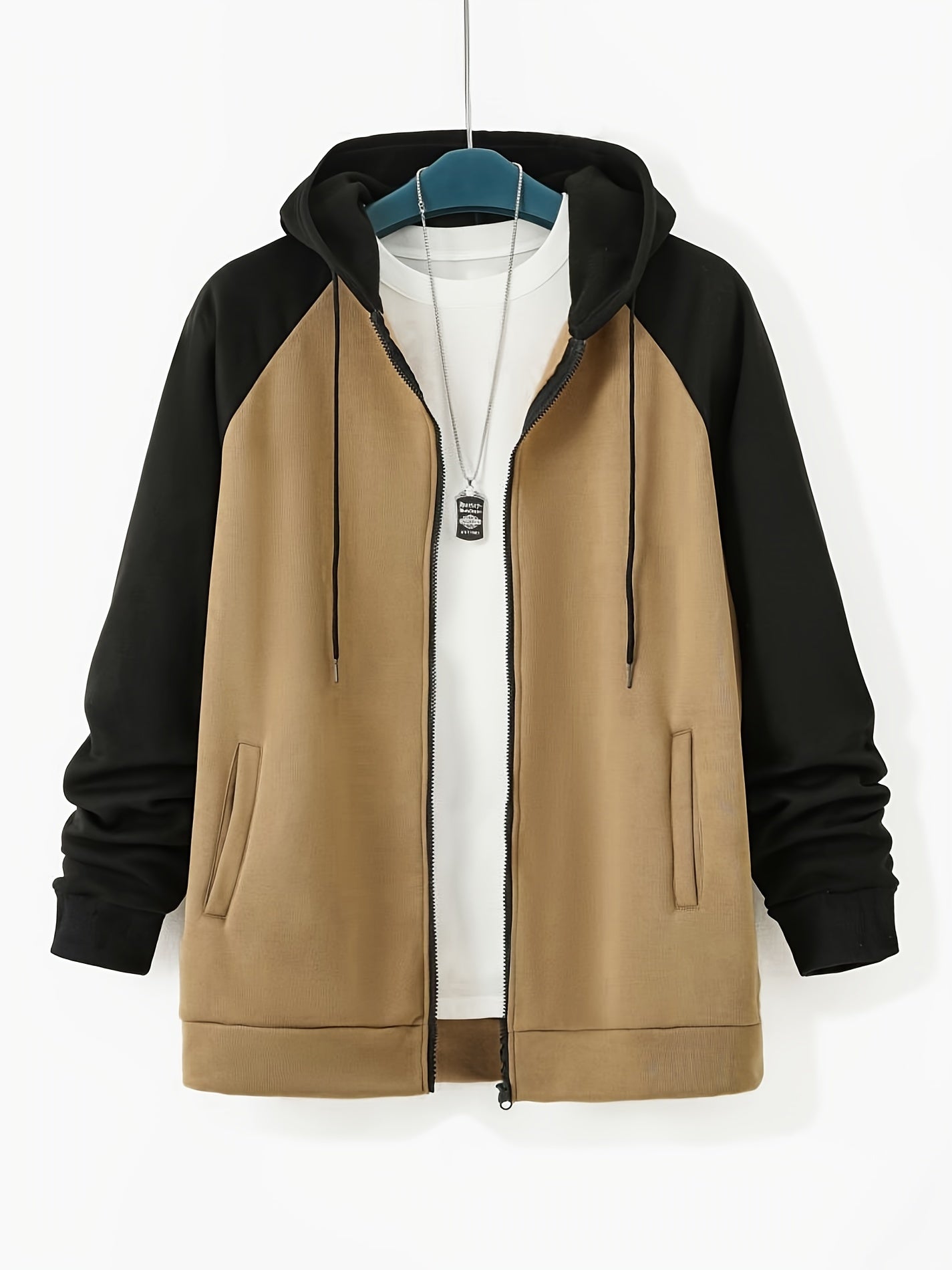 Men's Plus Size Color Block Full Zip Hoodie with Drawstring Long Sleeves