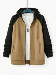 Men's Plus Size Color Block Full Zip Hoodie with Drawstring Long Sleeves