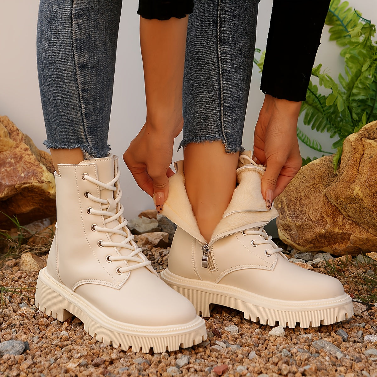 Women's Fleece-Lined Casual Short Boots Autumn Winter Warm Solid Color