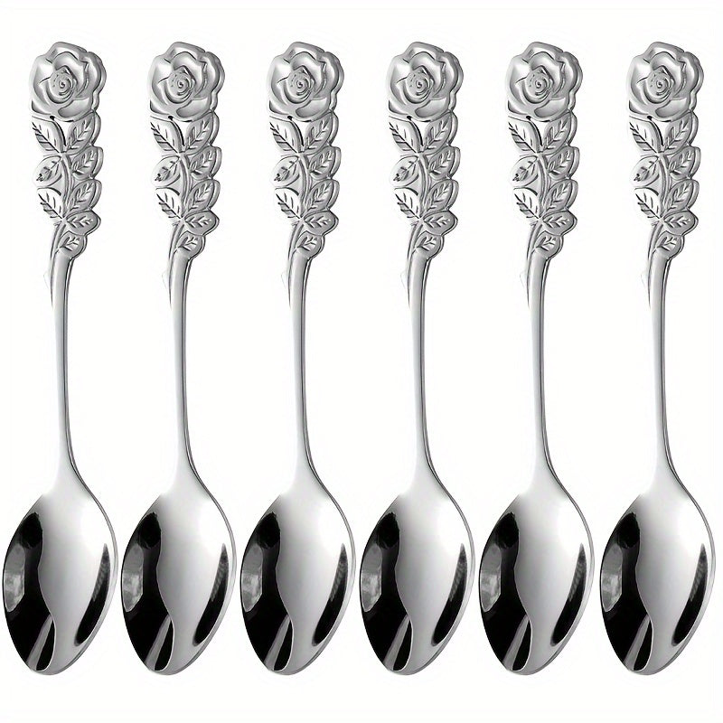Set of 6 Rose-Shaped Stainless Steel Coffee Spoons for Kitchen and Dessert