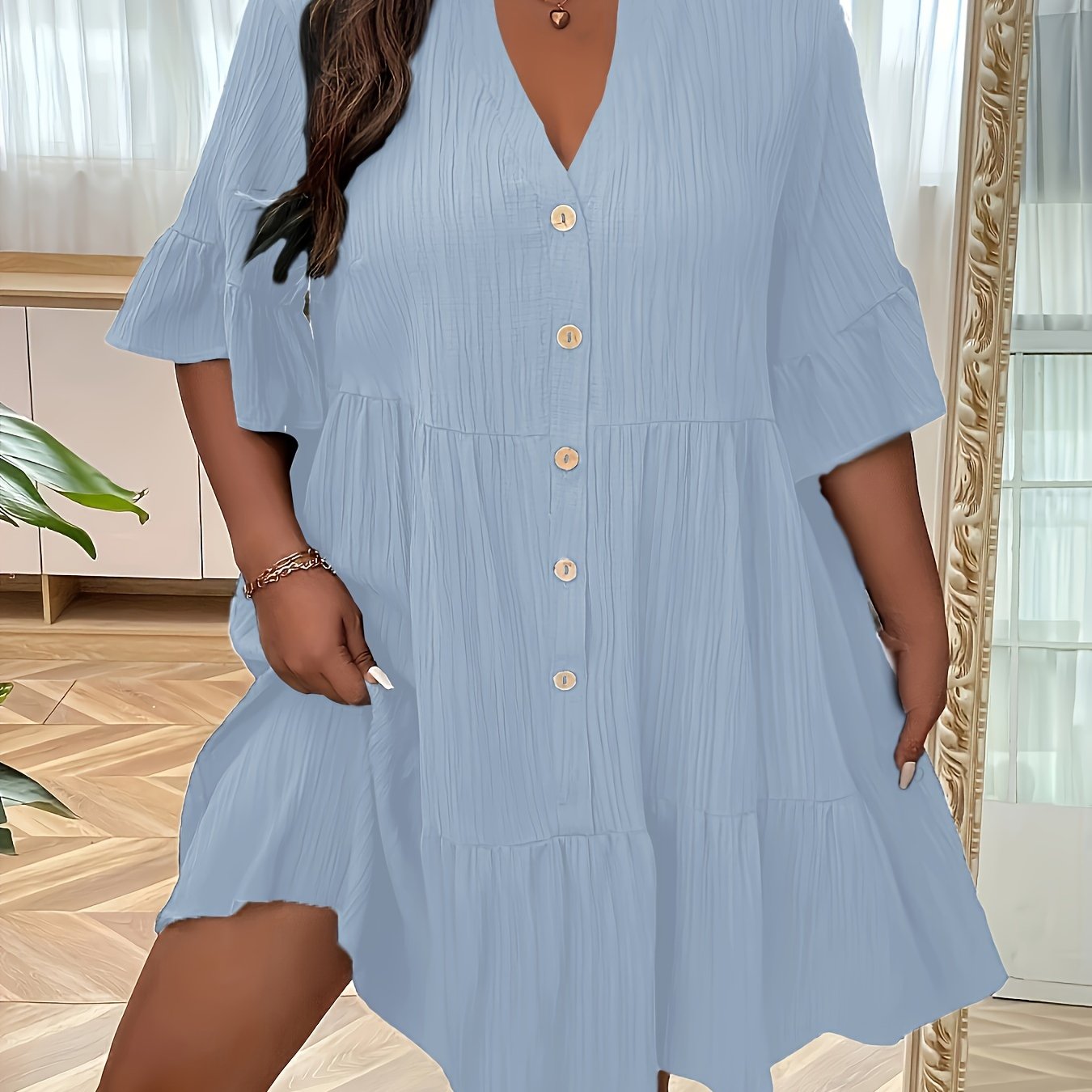 Plus Size Ruched Button Front Dress with Ruffle Cuff Sleeves for Summer Events