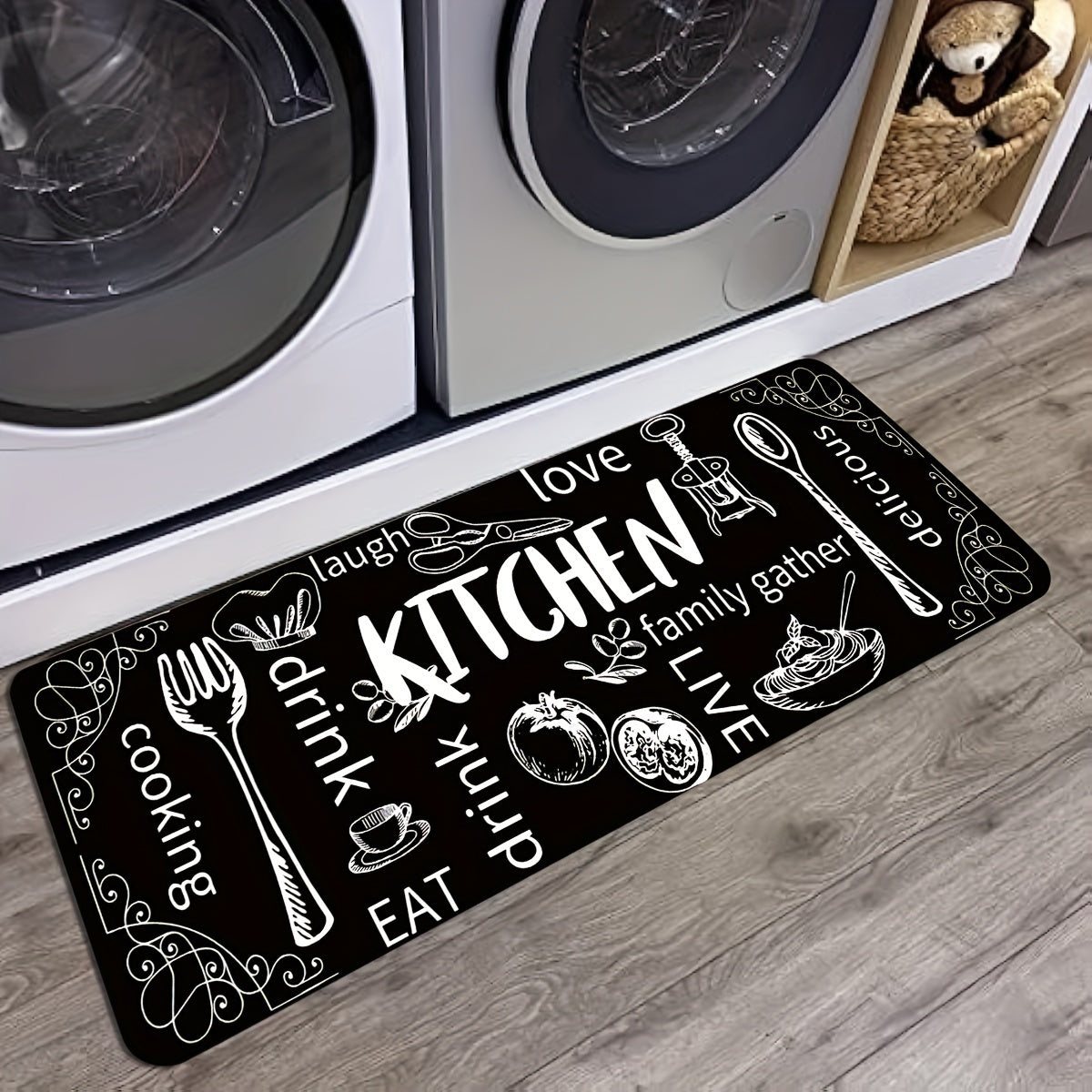 Qora oshxona mato, pichoq va qoshiq naqshli, sirpanishga qarshi, yuviladigan polyester gilam, pol uchun kirish