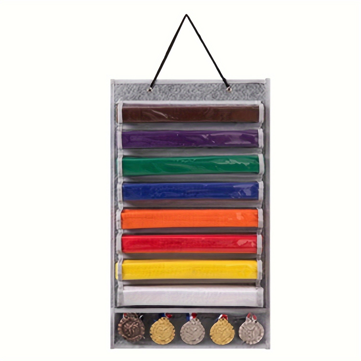Martial Arts Belt and Medal Organizer Wall Rack with 9 Clear Pockets
