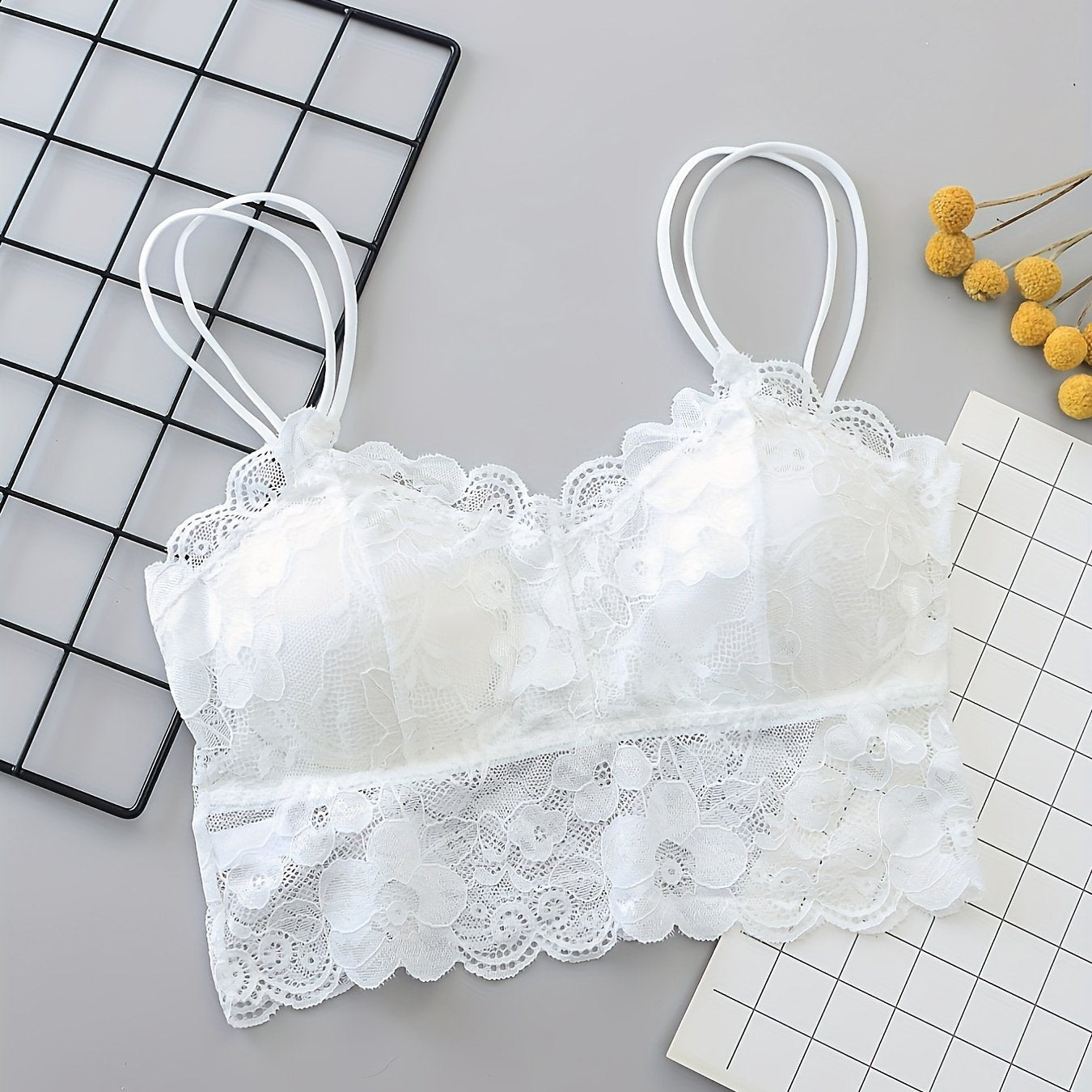 Women's Wireless Lace Bra with Double Shoulder Straps and Soft Padded Navel Top