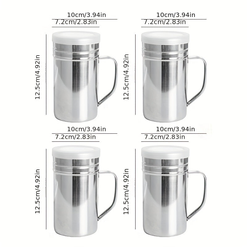 Ko'p maqsadli zanglamas po'latdan yasalgan ziravorlar idishi, tutqichi va qopqog'i bilan, uylar, kafelar va restoranlarda shakar, dolchin, murch, tuz va ziravorlarni saqlash uchun mukammal.