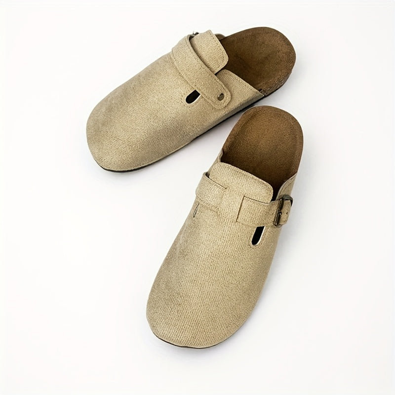 Women's Beige Mules with Buckle Detail Soft Fabric Lining Non-Slip Rubber Sole