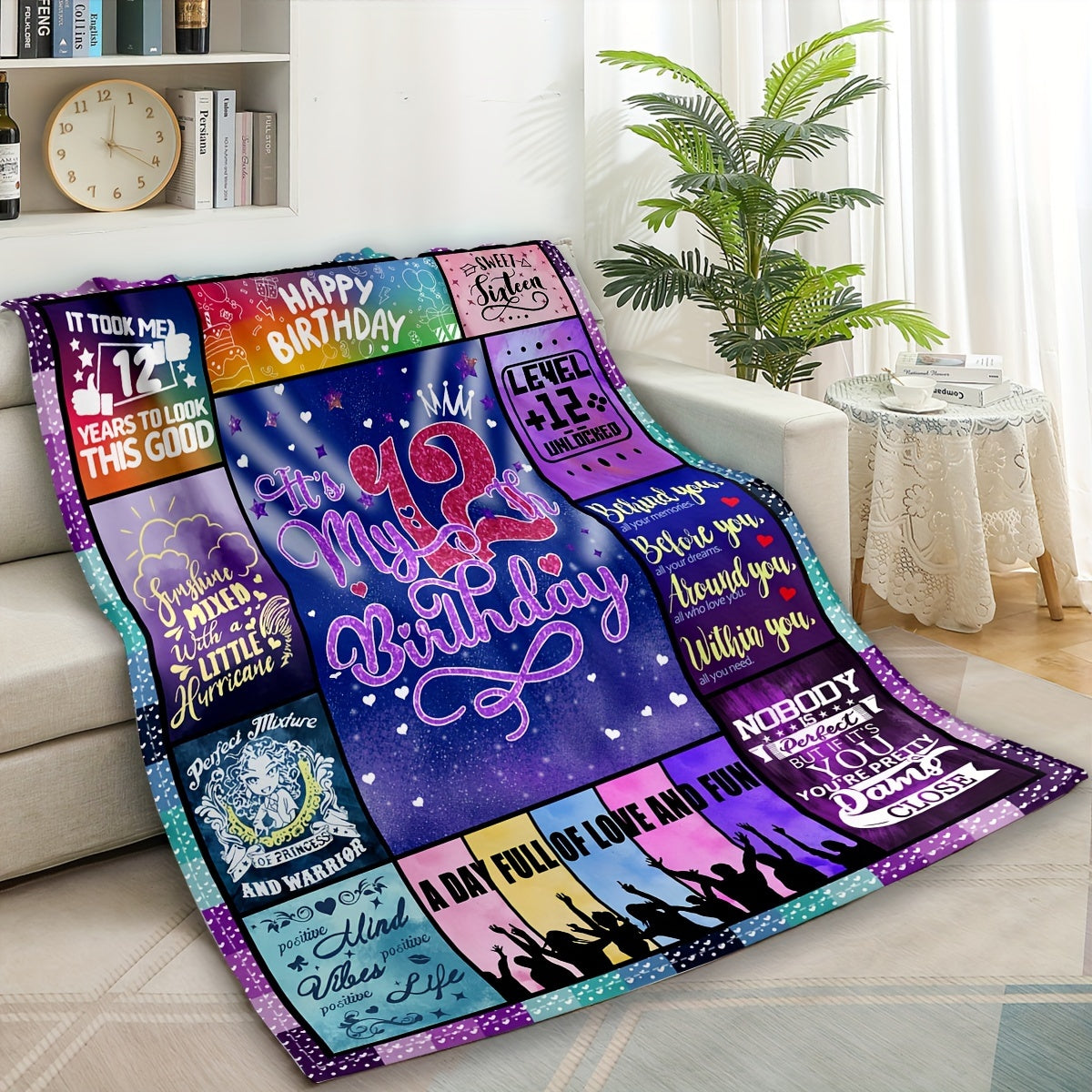 Kids Girl Birthday Blanket Soft Polyester Throw with Fun Messages and Patterns