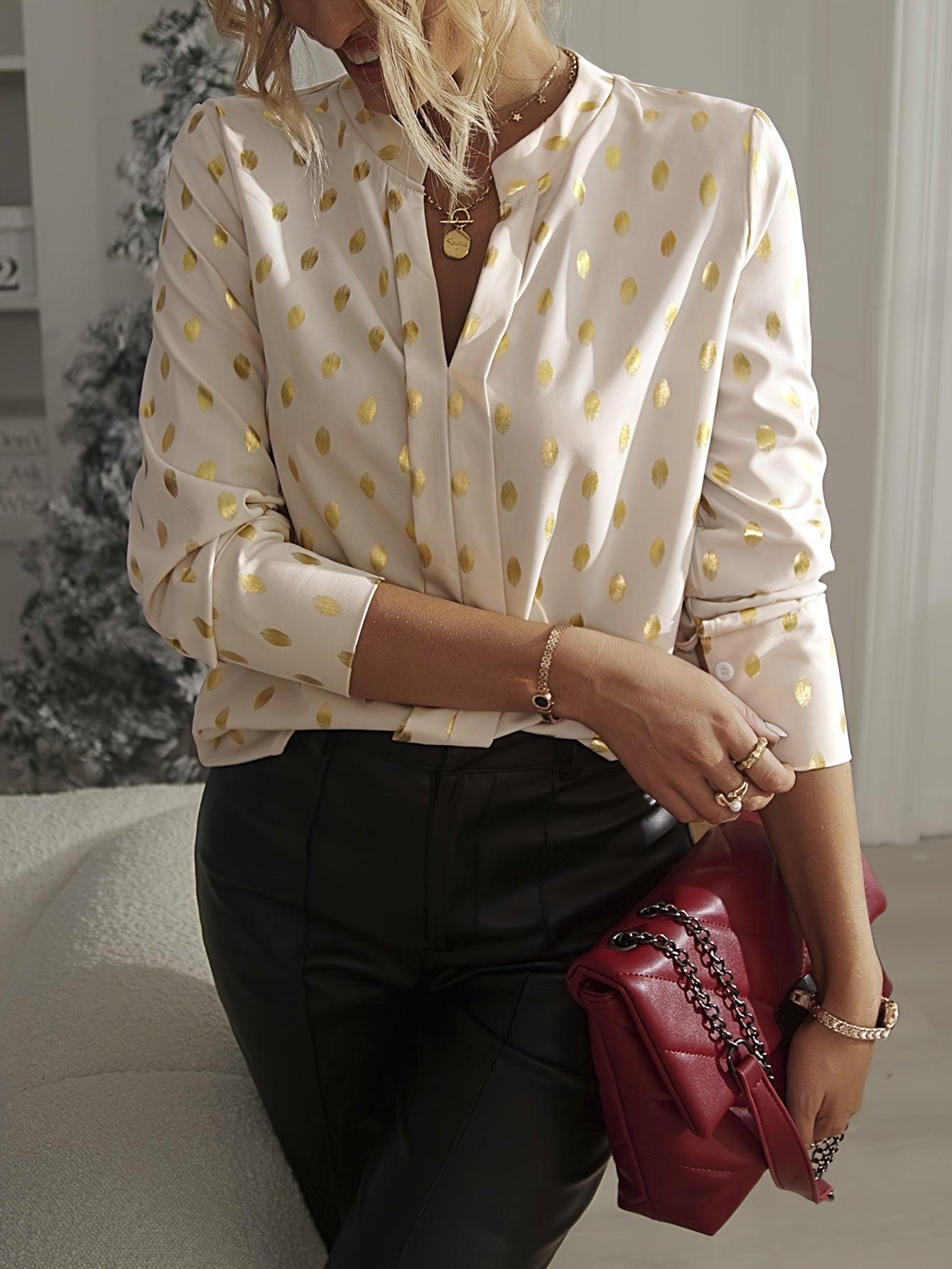 Women's Plus Size Deep V-Neck Long Sleeve Polyester Blouse with Gold Polka Dots