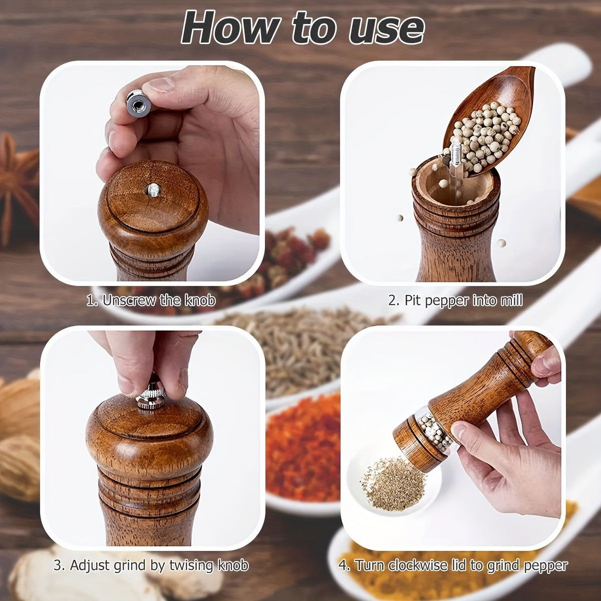 Set of 2 Adjustable Wooden Pepper and Sea Salt Grinders, Refillable, Manual Spice Mills