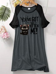 Women’s Cat Print Sleep Dress Short Sleeve Lounge Nightgown Soft Stretchy Fabric