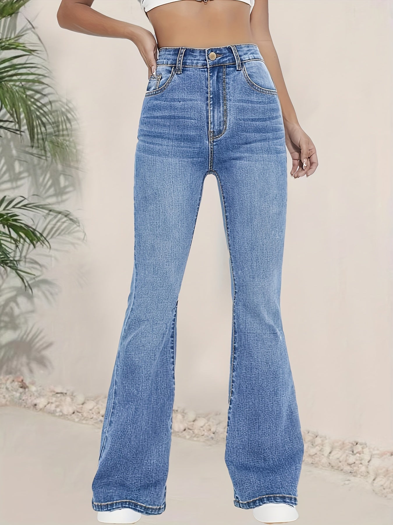 Women's High-Waist Flared Jeans in Blue Denim with Stretch and Long Length