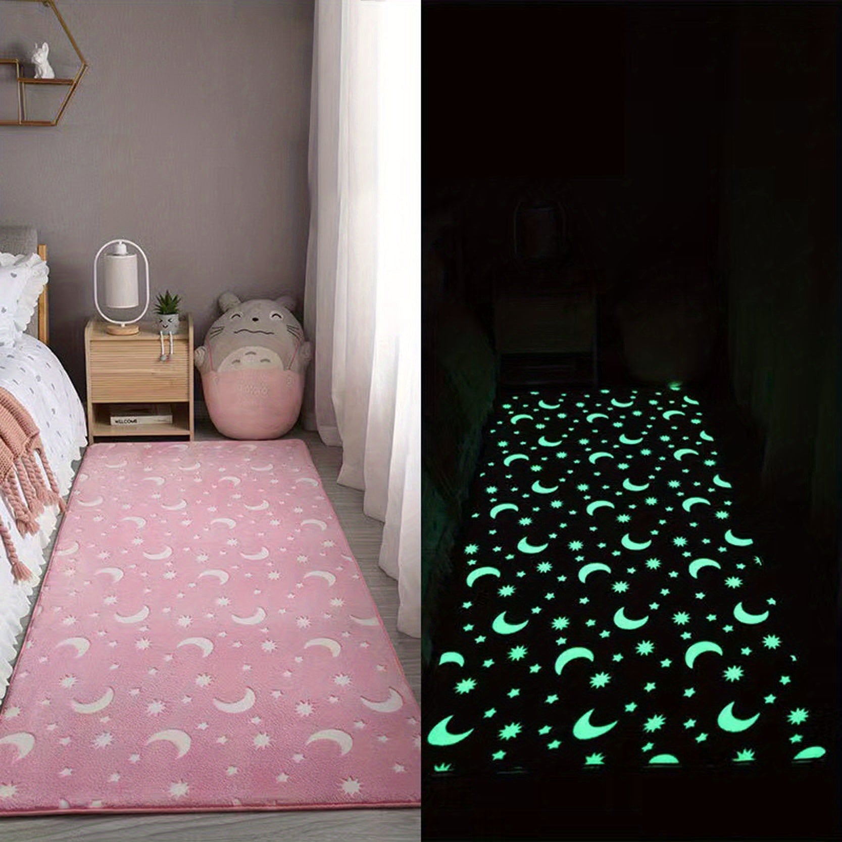 Alfombra de área de felpa luminosa y esponjosa con luna que brilla en la oscuridad y tapete de espuma viscoelástica para la cama