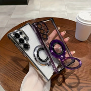 Transparent Electroplated Magnetic Absorption Phone Case for Samsung Galaxy S24 Ultra with Stand and Lens Protection