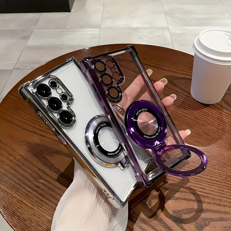 Transparent Electroplated Magnetic Absorption Phone Case for Samsung Galaxy S24 Ultra with Stand and Lens Protection