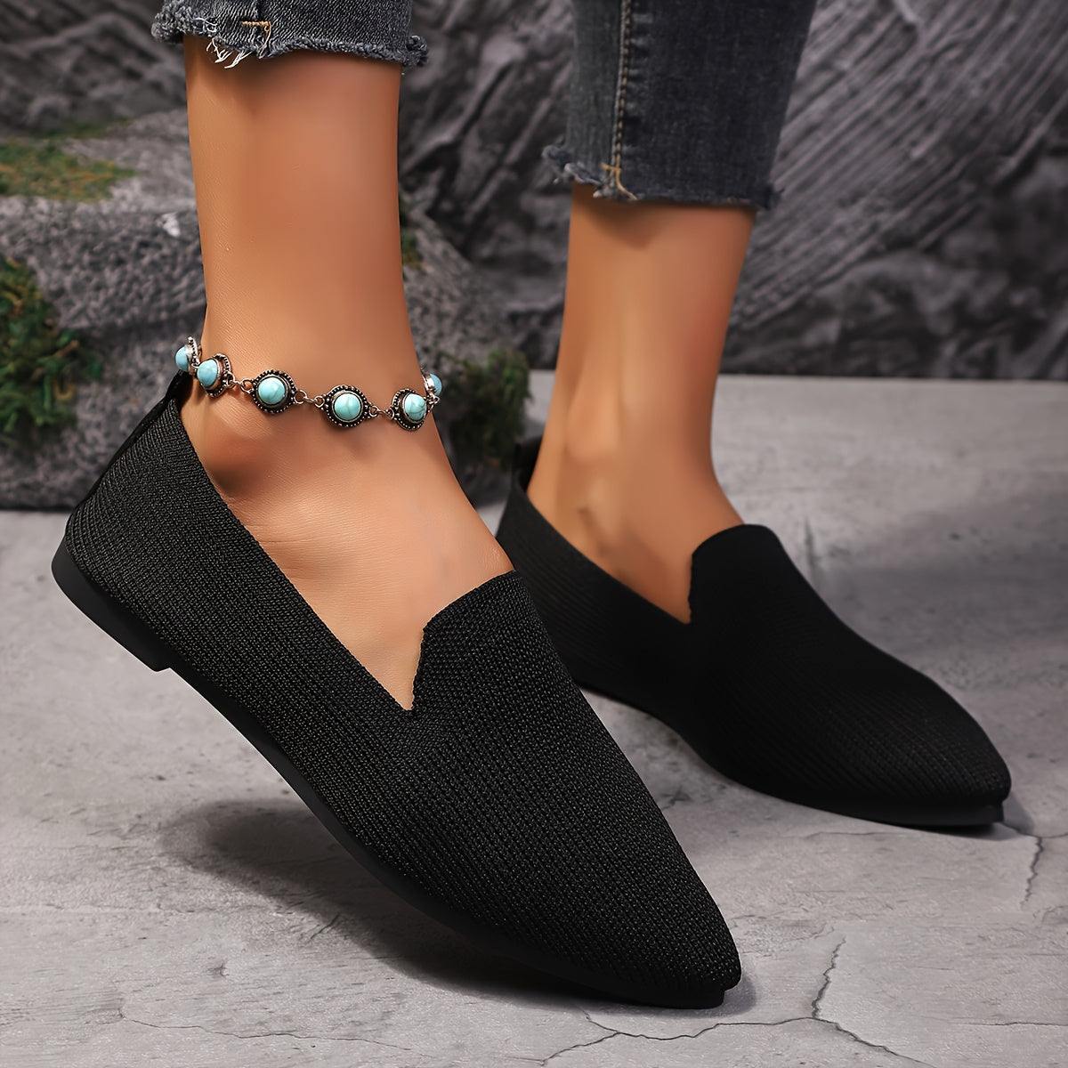 Women’s Slip-On Knit Pointed Toe Shoes Breathable Fabric All-Season Comfort