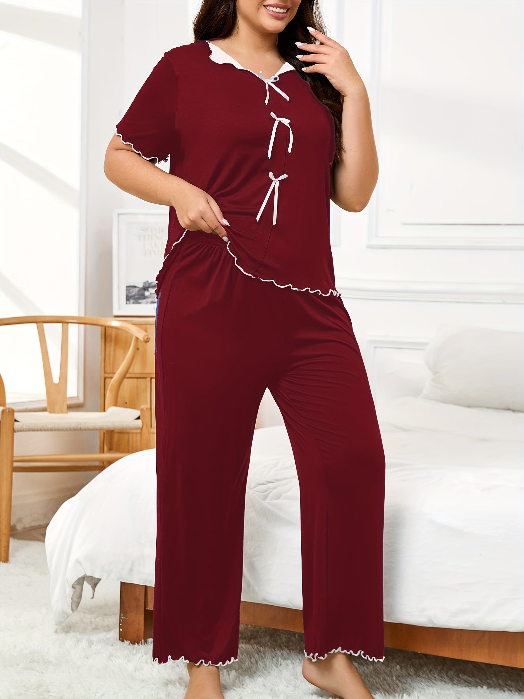 Плюс-сайз черный трикотажный пижамный комплект с кружевной отделкой, топ с коротким рукавом и длинные штаны, ночная одежда для всех сезонов