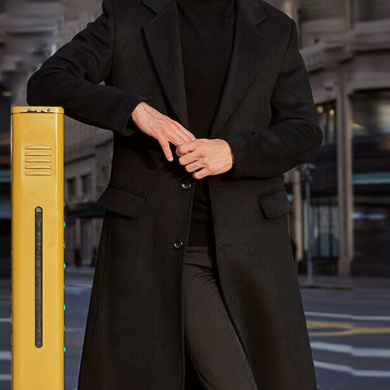 Men's Red Mid-Length Polyester Pea Coat with Single-Breasted Design Pockets and Button Closure for Fall Winter