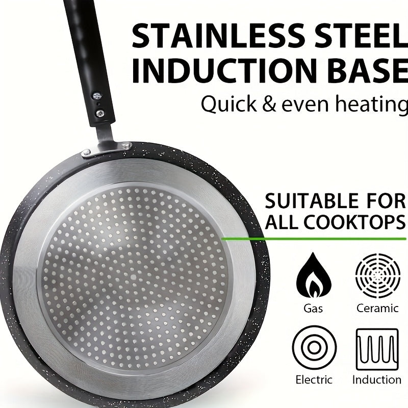 Нержавеющая стальная сковорода для крепов с деревянной лопаткой, антипригарное гранитное покрытие, 26,67 см, легкая, устойчивая к ржавчине, совместима с индукцией.