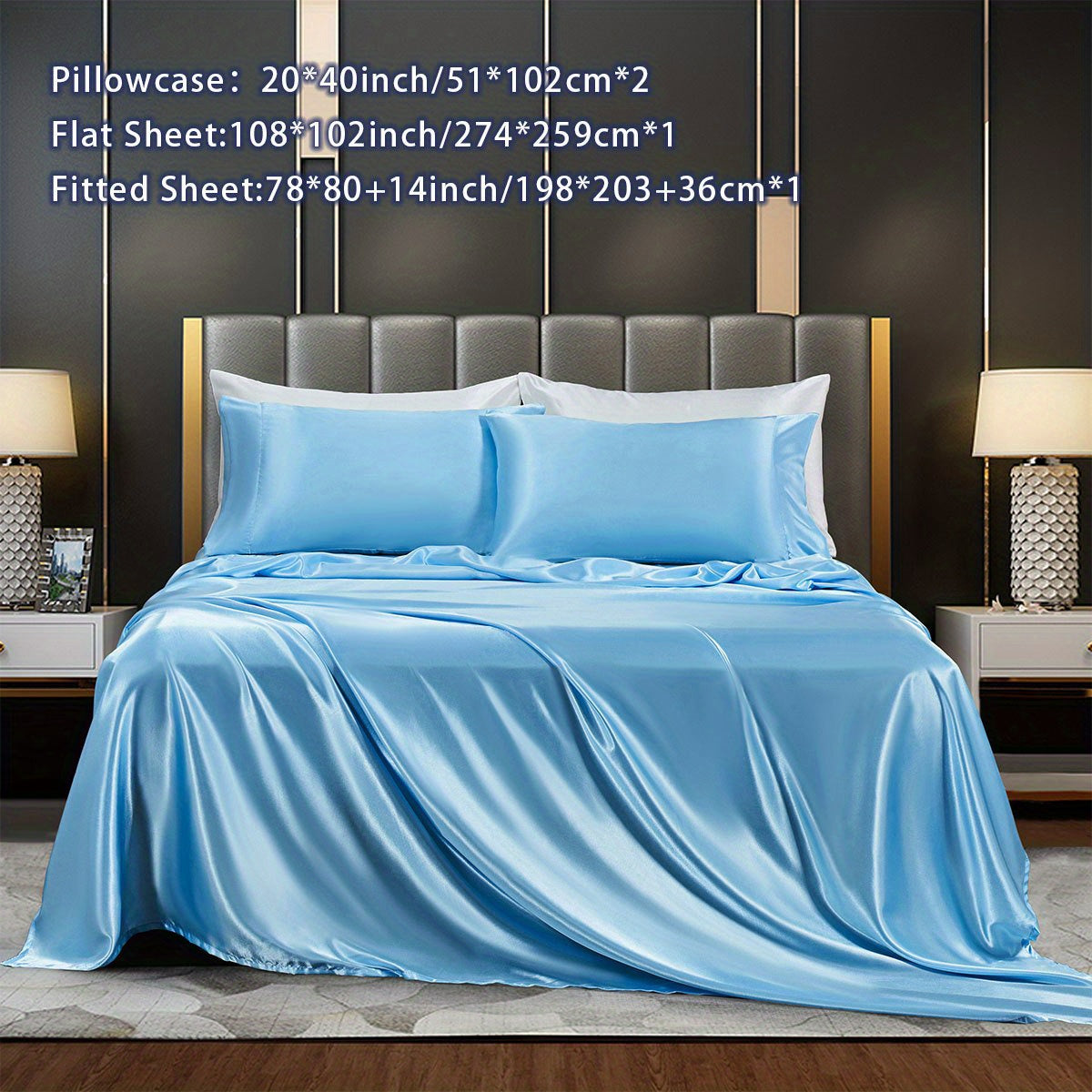 Satin Bed Sheets Set Fitted and Flat Sheets with Pillowcases for Bedroom