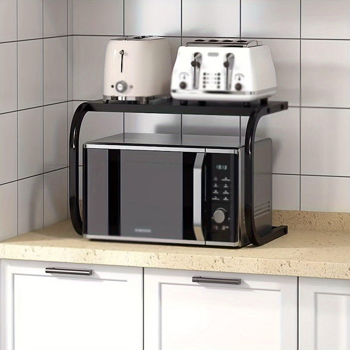 Ko‘p funksiyali mikroto‘lqinli pech uchun javon, himoya qopqog‘i bilan, qora, kumush va oq, stol usti tashkilotchisi