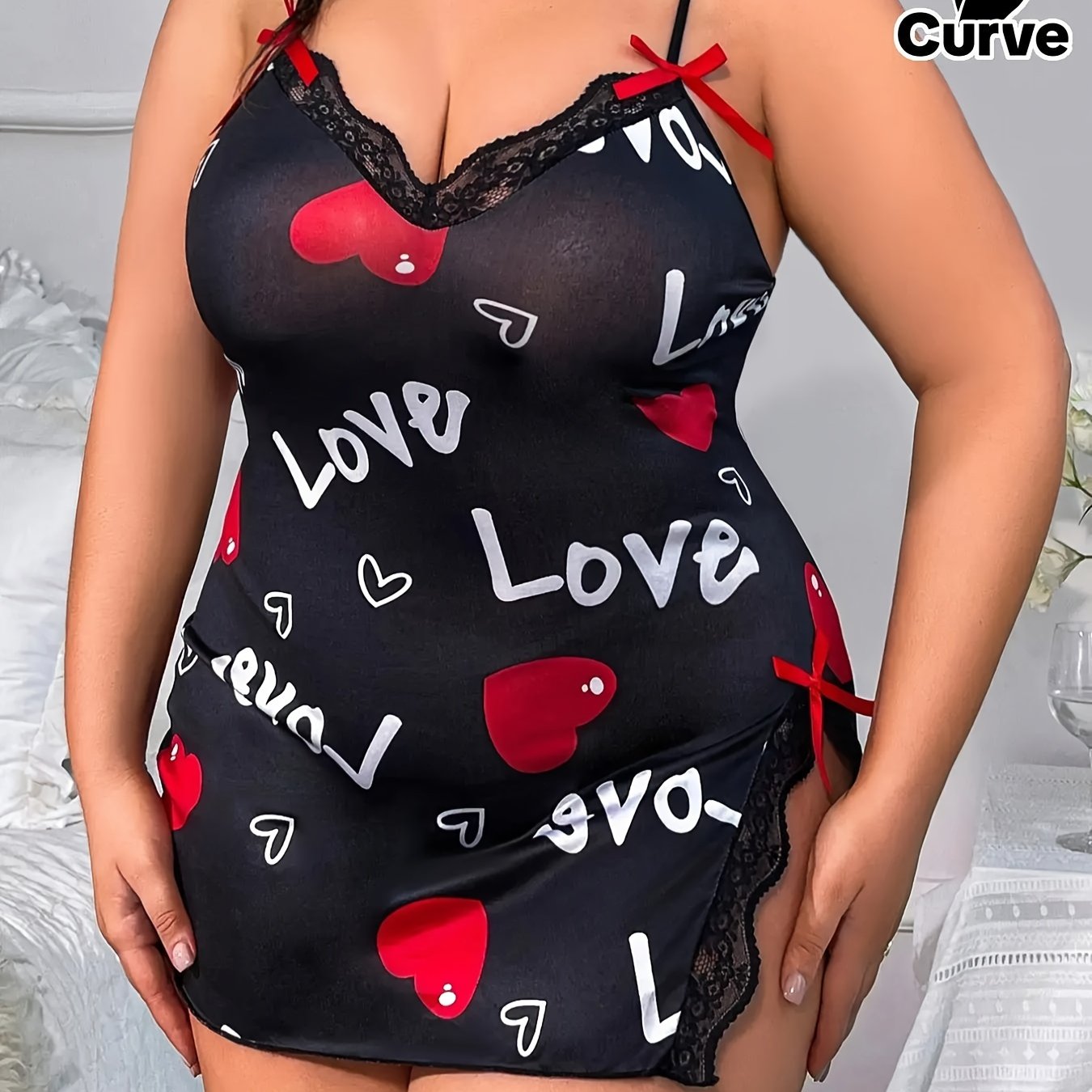 Camisón de talla grande con encaje, escote en V, ropa de dormir con estampado de corazones geométricos