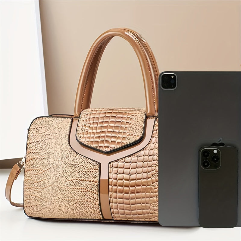 Women's Crocodile Pattern Leather Handbag with Adjustable Strap and Zipper Closure