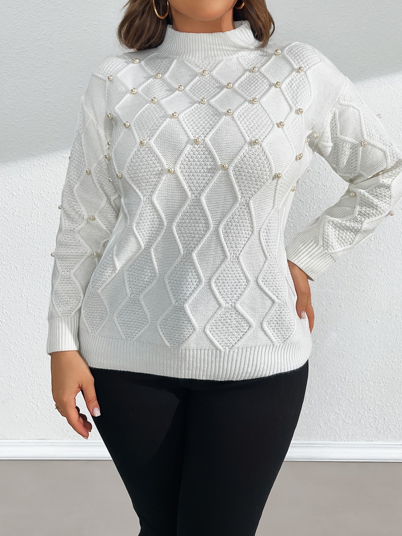 Women's Knit Sweater Long Sleeve Crew Neck Pearl Embellished Polyester Blend