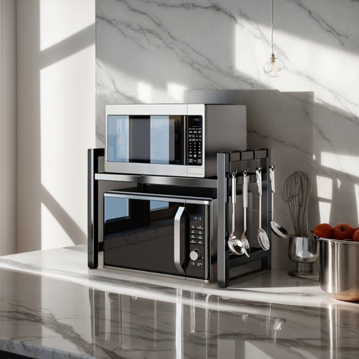 Compact black countertop microwave stand with two tiers, 6 hooks, durable metal