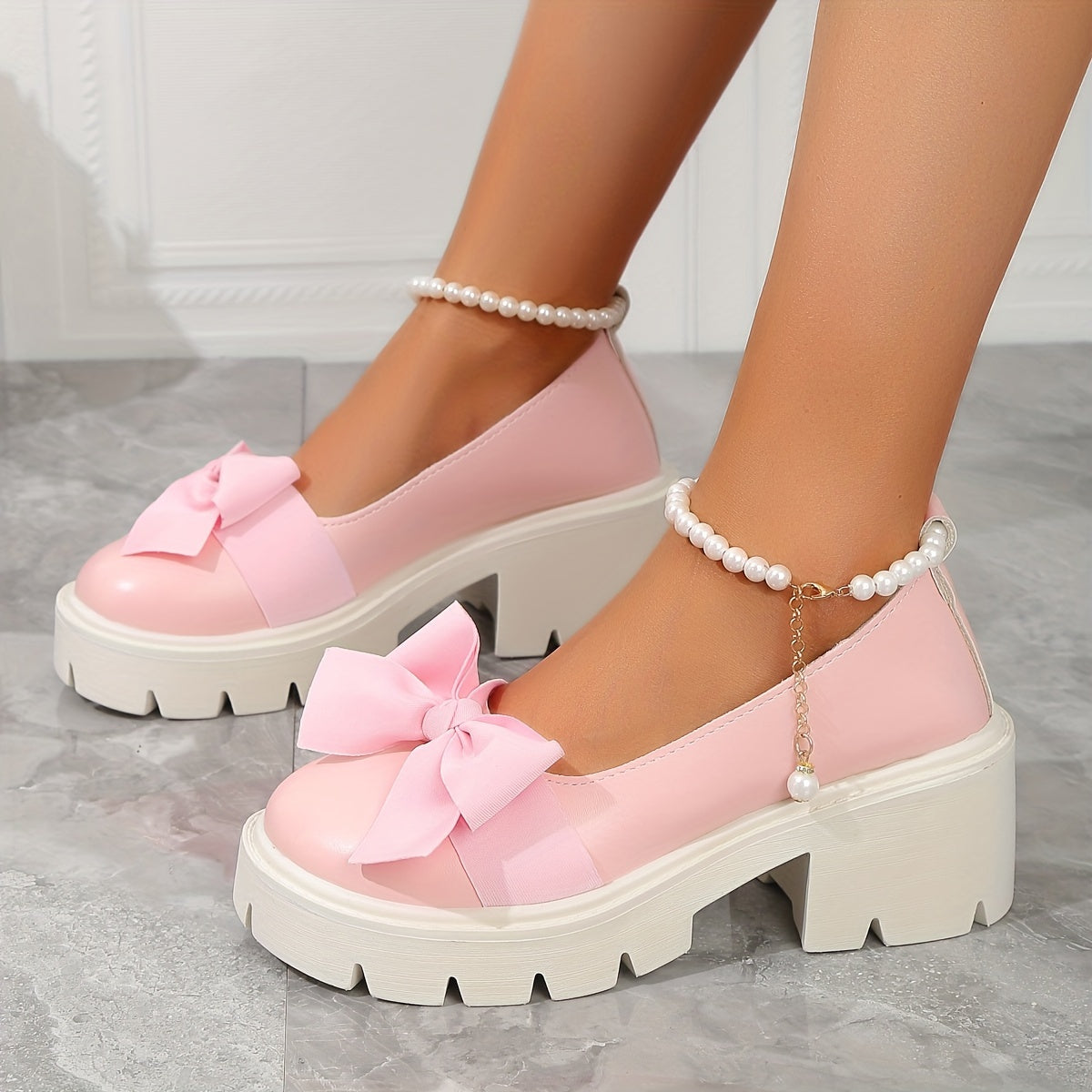 Women's Faux Pearl Bow Decor Loafers with Chunky Heels and Platform