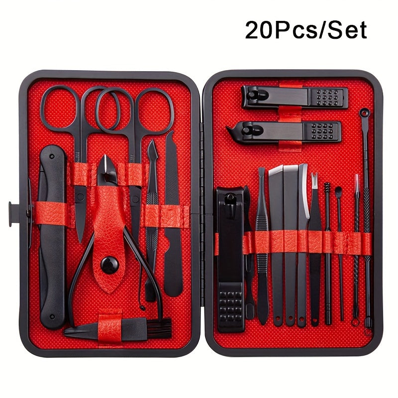 Sayqallik va qizil zanglamaydigan po'latdan tayyorlangan tirnoq parvarishi to'plami, sayohat uchun charm qoplama bilan pedikюр va manikюр uchun