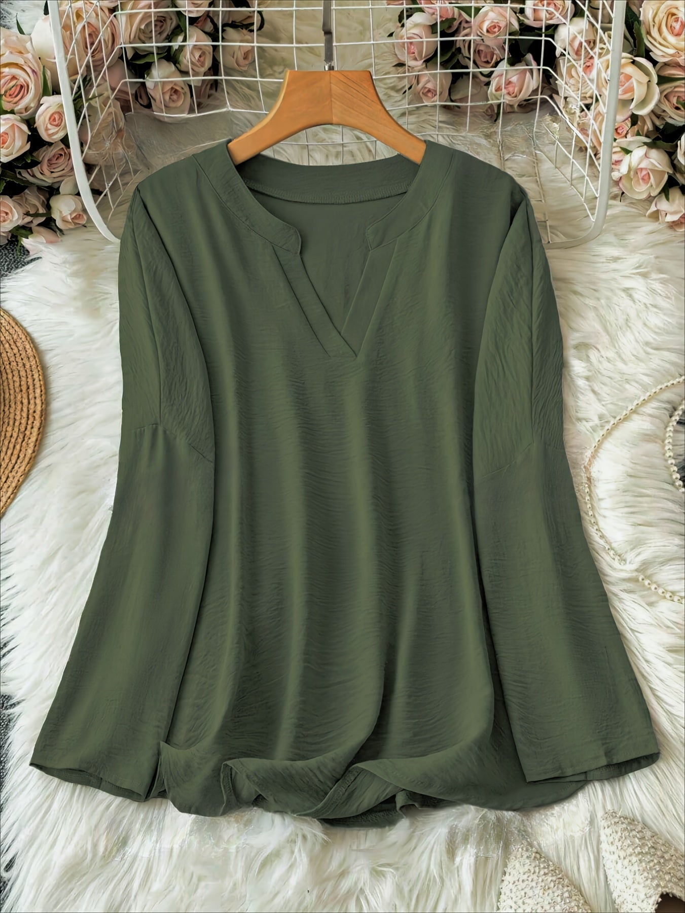 Women's V-Neck Blouse Long Sleeve Drop Shoulder Solid Polyester Spring Fall Casual