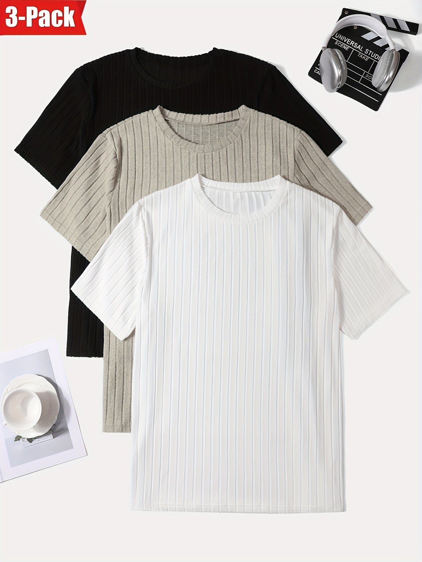 Men's 3-Pack Solid Color Crew Neck T-Shirts Polyester Elastane Medium Stretch Casual