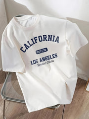 Women's Short-Sleeve Polyester Crew Neck T-Shirt with Letter Print