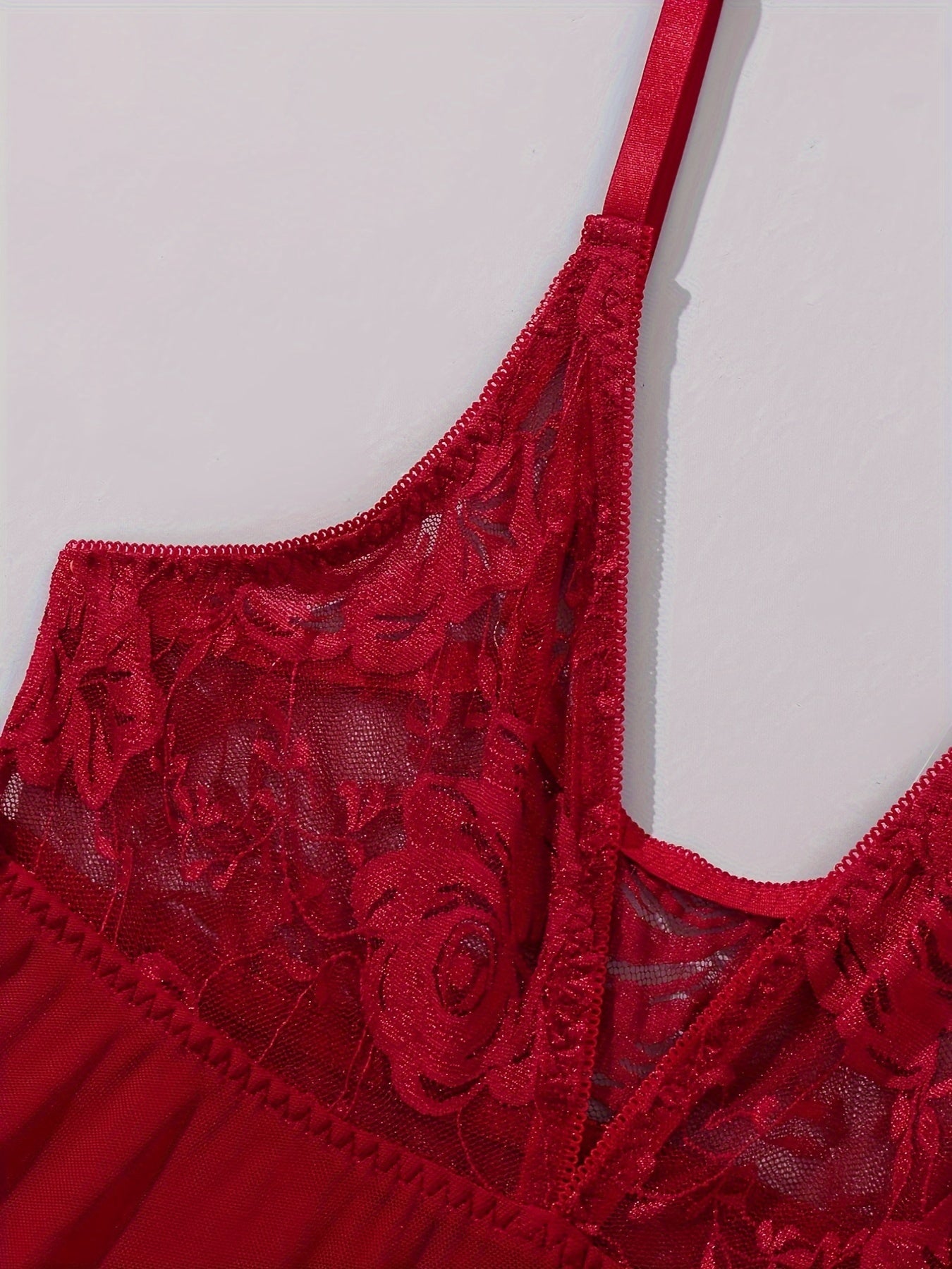 Lingerie Red Lace Mesh Slip Dress with Thong Set V-Neck Bow Detail