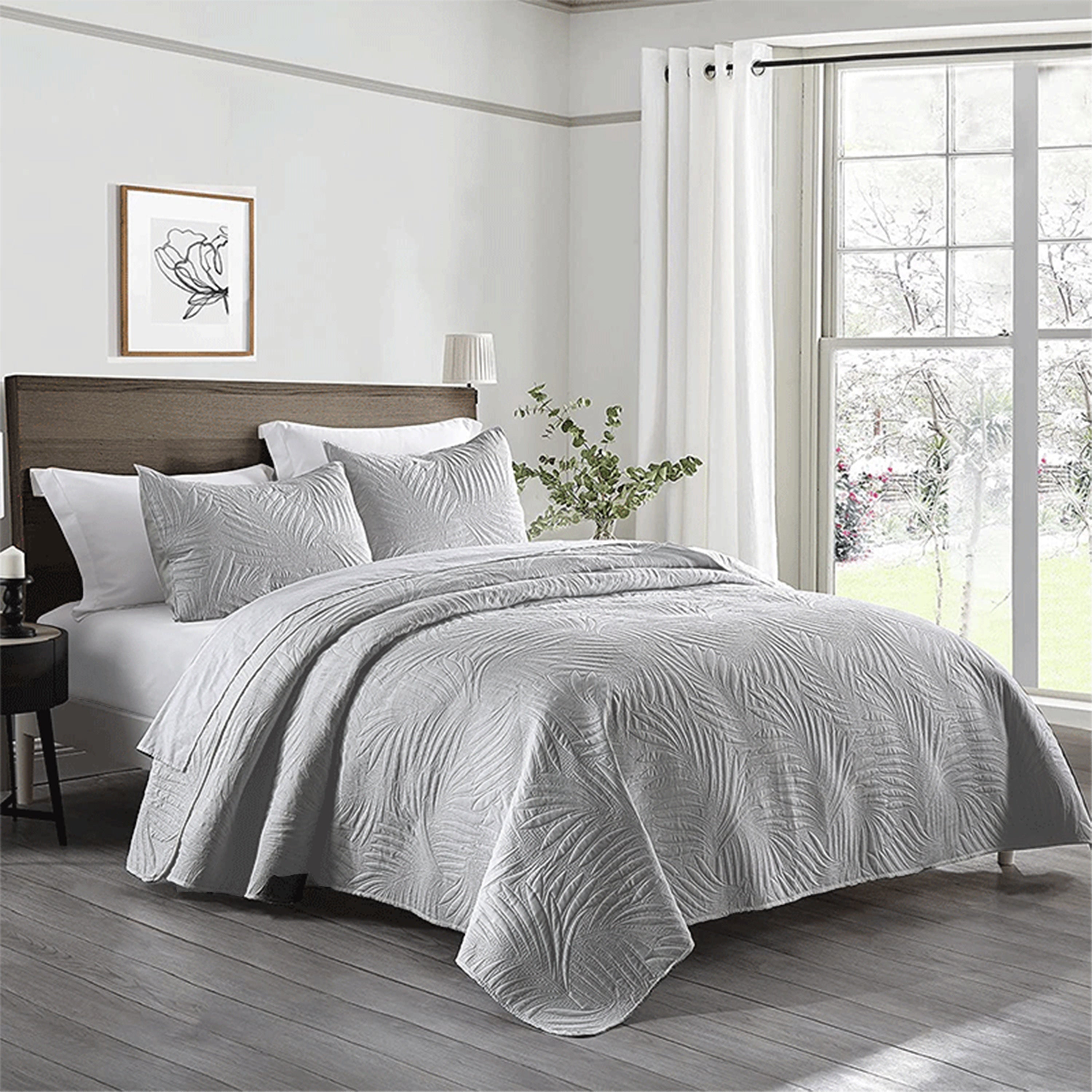 Bedroom Dormitory Bedspread Set with Leaf Embossed Design and Pillowcases