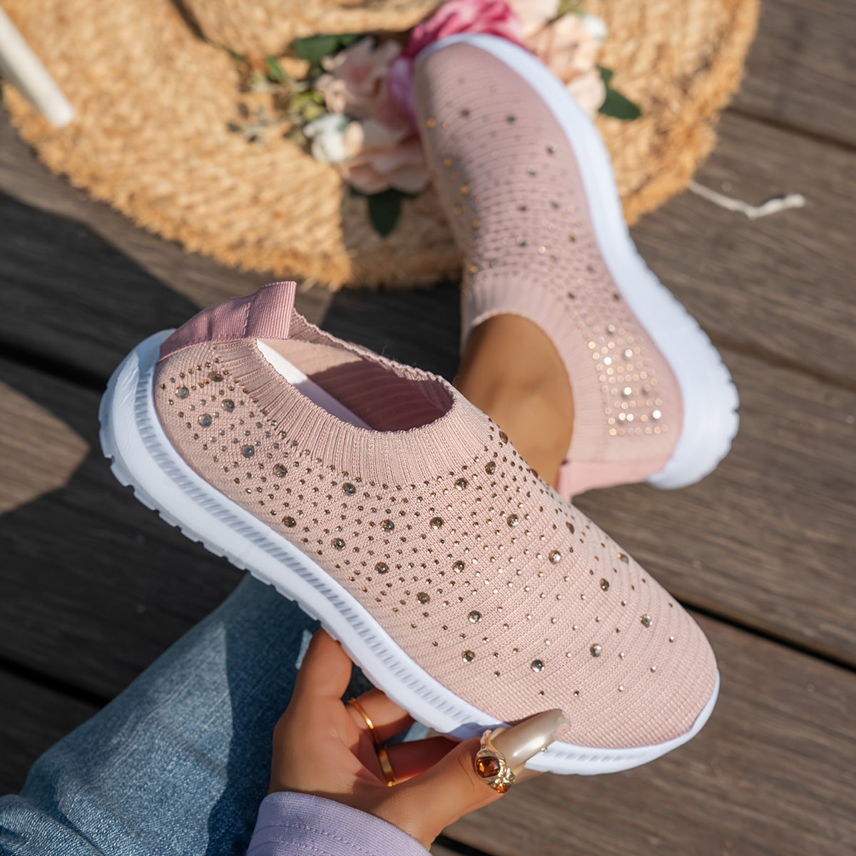 Women's Breathable Slip-On Casual Sneakers with Sparkling Crystal Accents