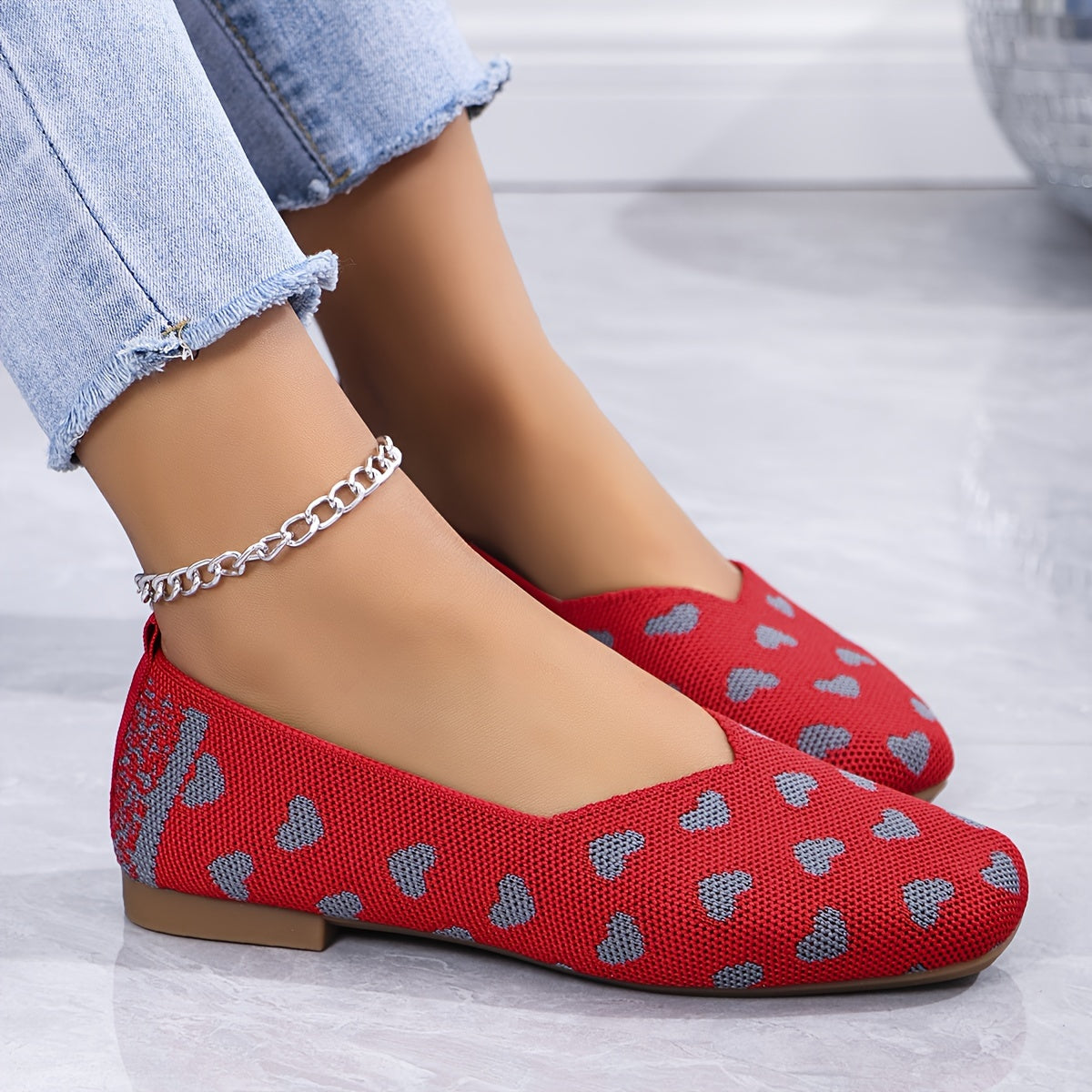Women's Casual Ballet Flats with Heart Pattern and Mary-Jane Strap
